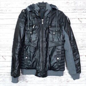 Robert Phillipe Mens Moto Jacket M Faux Leather Bomber Hood Black Gray CL